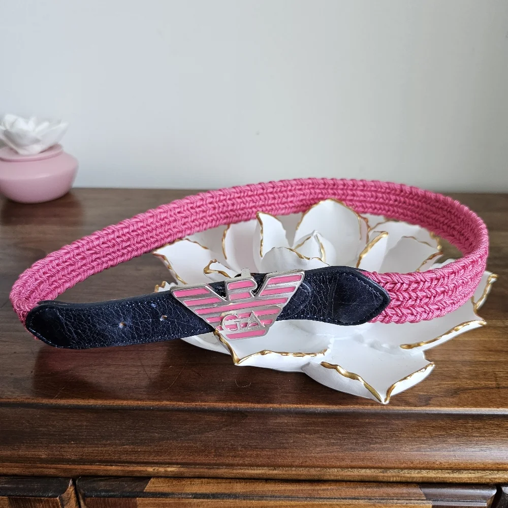 Rare Giorgio Armani Kid's Elastic Waist Pink Braided Logo Eagle Buckle Belt